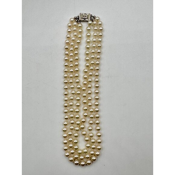 Vintage 3 Strand Hand Knotted Faux Pearls Rhinestones On Clasp - Picture 4 of 4